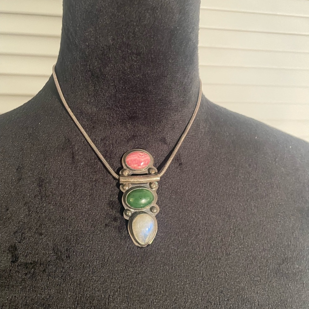 Vintage Mexican 3-Stone Opal Pendant Necklace - Picture 2 of 8